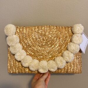 Shiraleah Straw Clutch with White Poms